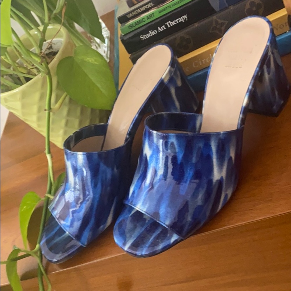 Blue tortoise open toe mule heels